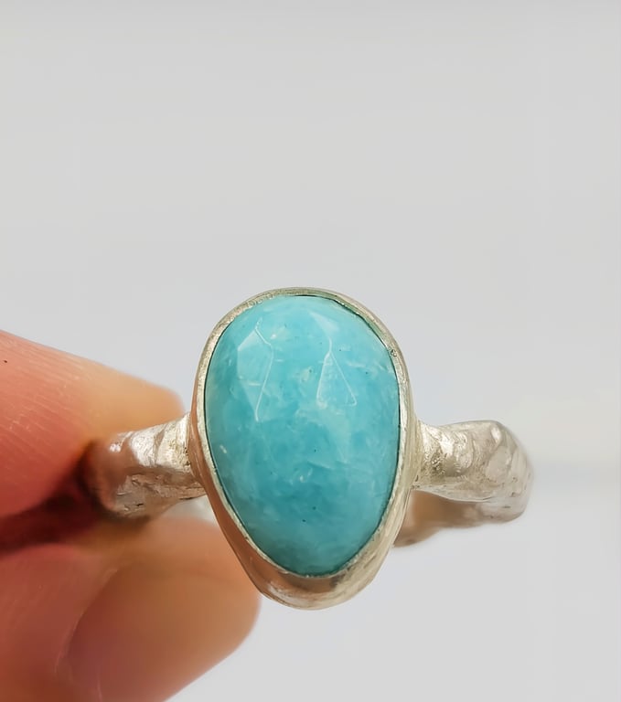 Hand-Forged Sterling Silver Amazonite Ring: Molten Texture