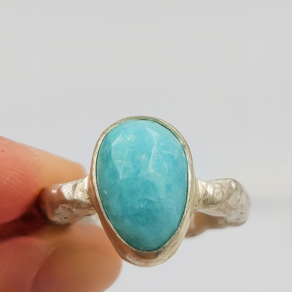 Hand-Forged Sterling Silver Amazonite Ring: Molten Texture