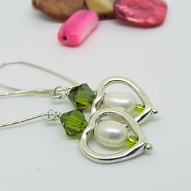 Pearls and Hearts earrings green for Mothers Day sterling silver
