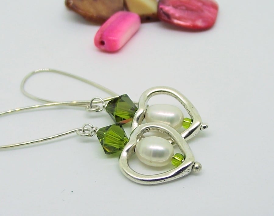 Pearls and Hearts earrings green for Mothers Day sterling silver