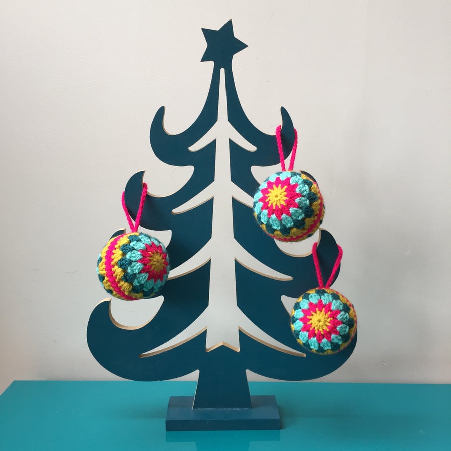 Set of 3 crochet Christmas baubles - hot pink