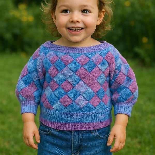 Hand knitted jumper in sparkly pink and blue entrelac 2 - 3 years 