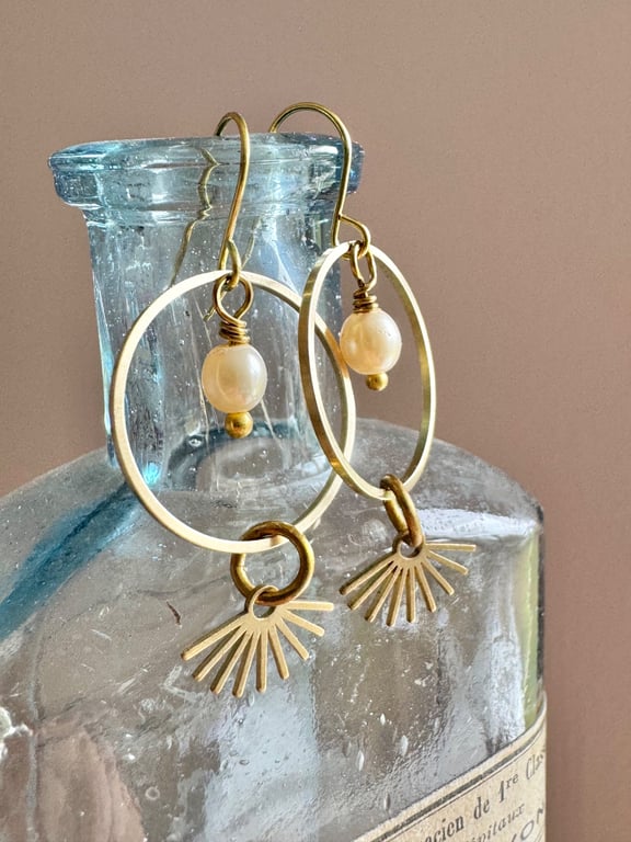 Brass Hoop Earrings With Pearl Beads Handmade in Cornwall 