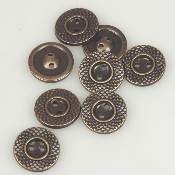10 x Brass Colour, Metal Type 15mm round button, hatch pattern