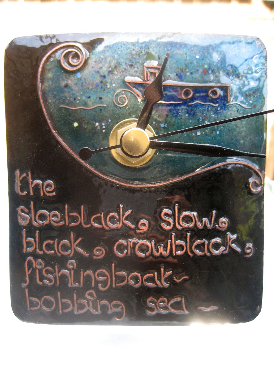 Handcrafted enamel on copper clock - from 'Under Milk wood' by Dylan Thomas