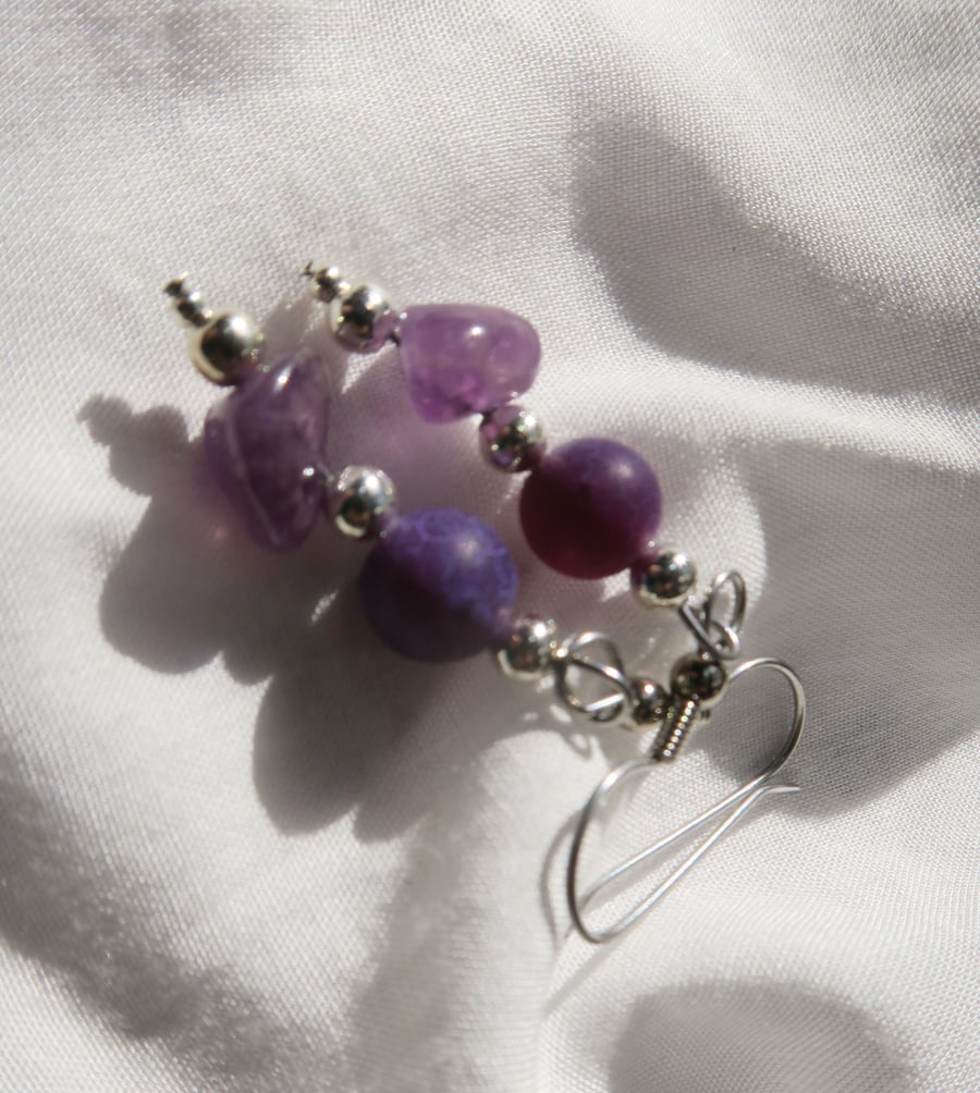 Purple amethyst crackle bead & chip drop earrings. Handmade in Warwickshire