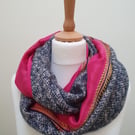 Sari silk and tweed infinity scarf. Double sided. Pink Navy Soft White with gold