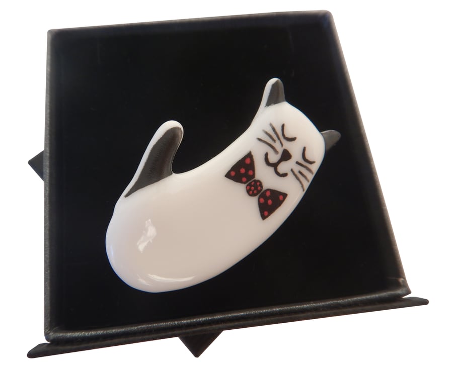 Handmade Fused Glass Sleeping Cat Brooch.