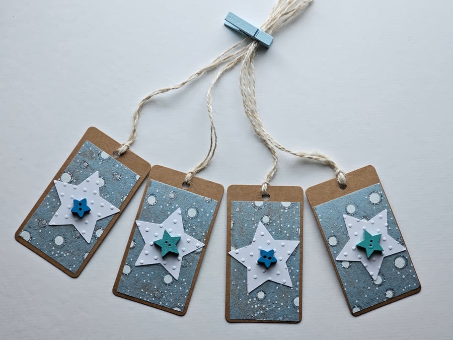 White and Blue Star Gift Tags with Star Buttons Pack of 4