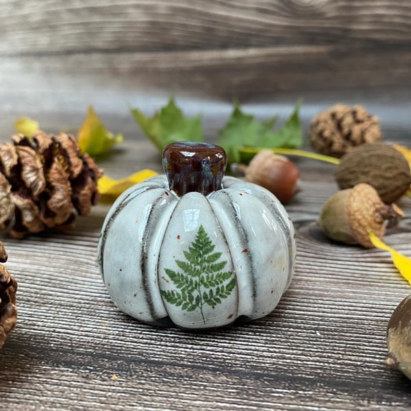 HANDMADE Black Clay Autumn Fern and Sprig Ceramic Pumpkin - Autumn Pumpkins 