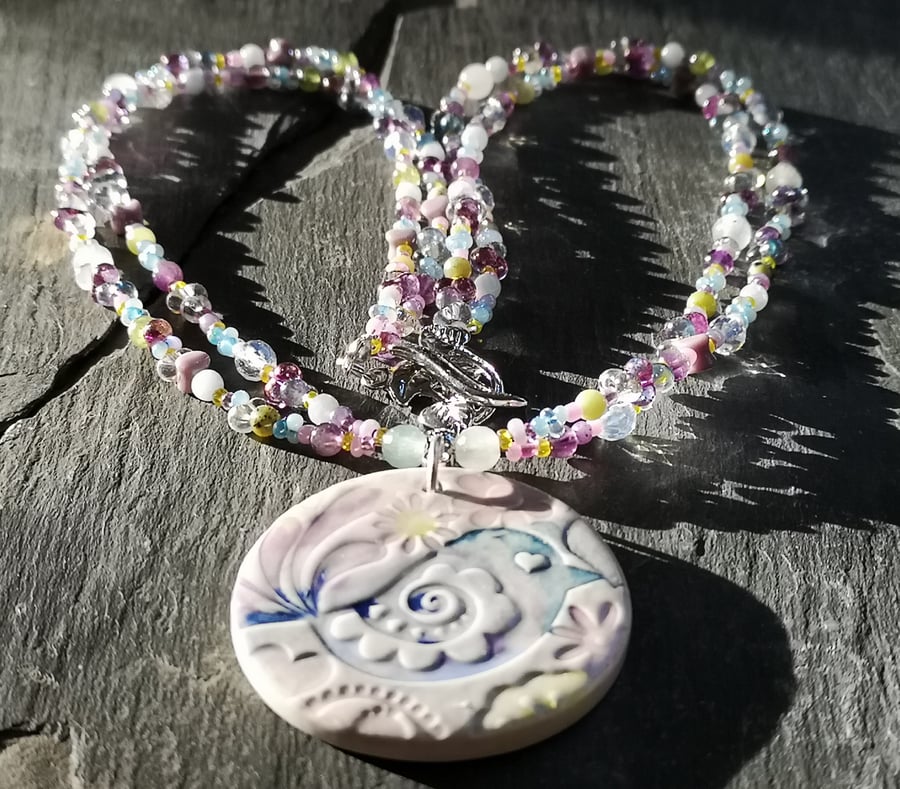 SALE ceramic pendant with bird decoration, glass and semi precious beads 