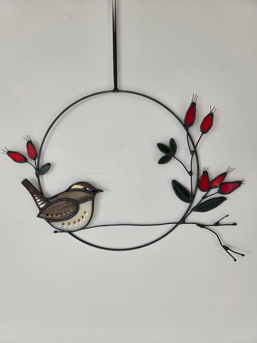 Handcrafted Stained Glass Wren and Rosehips Wreath Bird Wall Hanging Gift