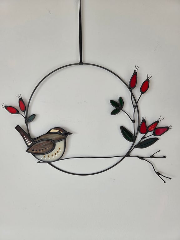 Handcrafted Stained Glass Wren and Rosehips Wreath Bird Wall Hanging Gift