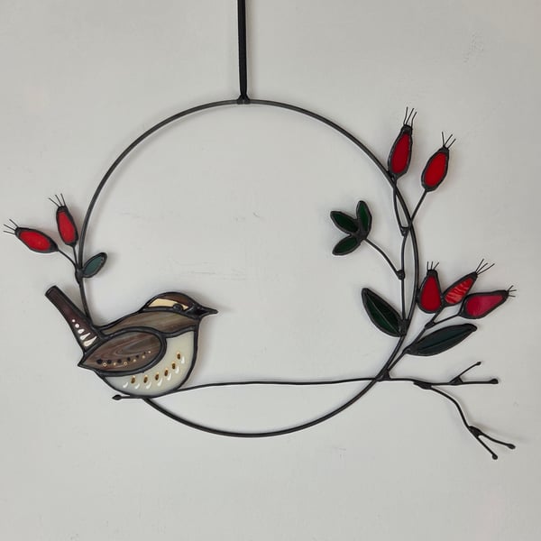 Handcrafted Stained Glass Wren and Rosehips Wreath Bird Wall Hanging Gift