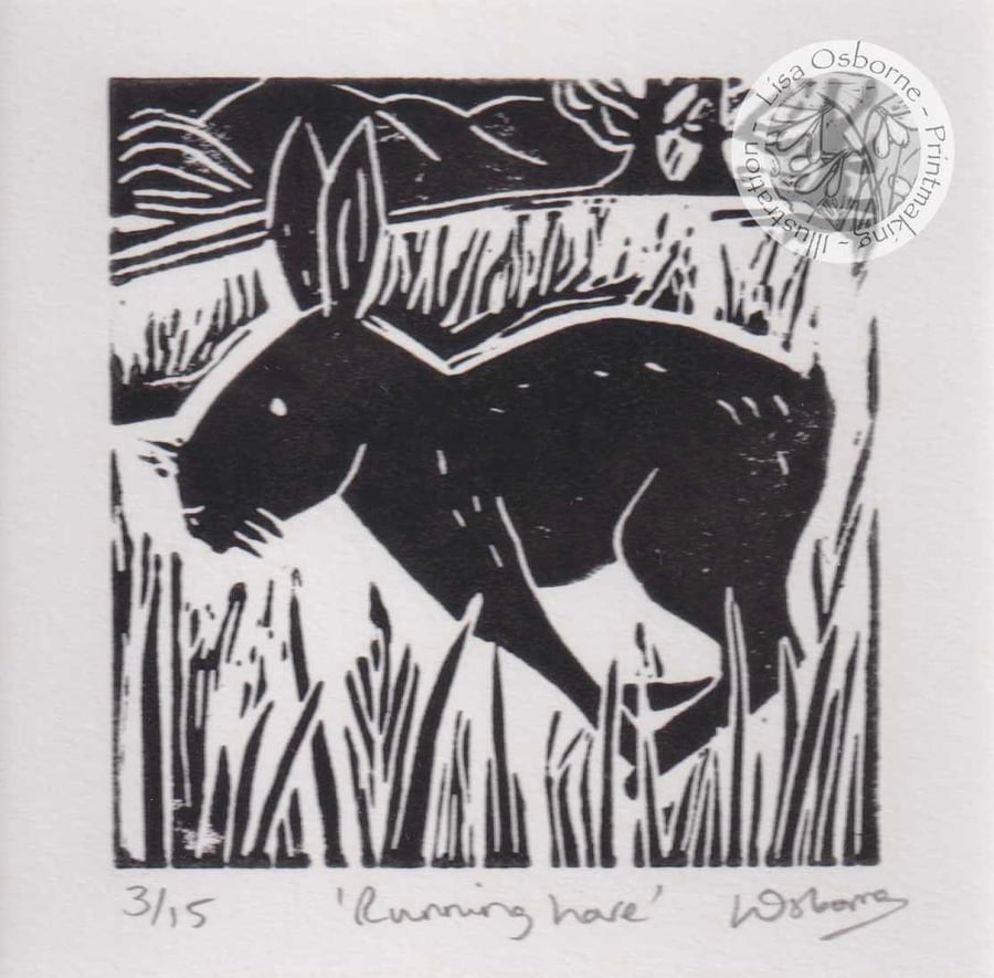 Image of Running Hare - original, limited edition linocut.