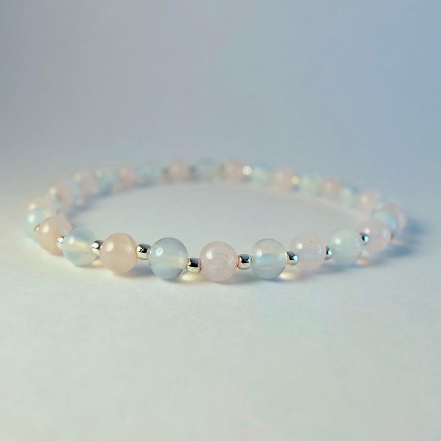 Rose Quartz, Opalite & Silver Bracelet, Birthday, Valentine, Mother's Day Gift