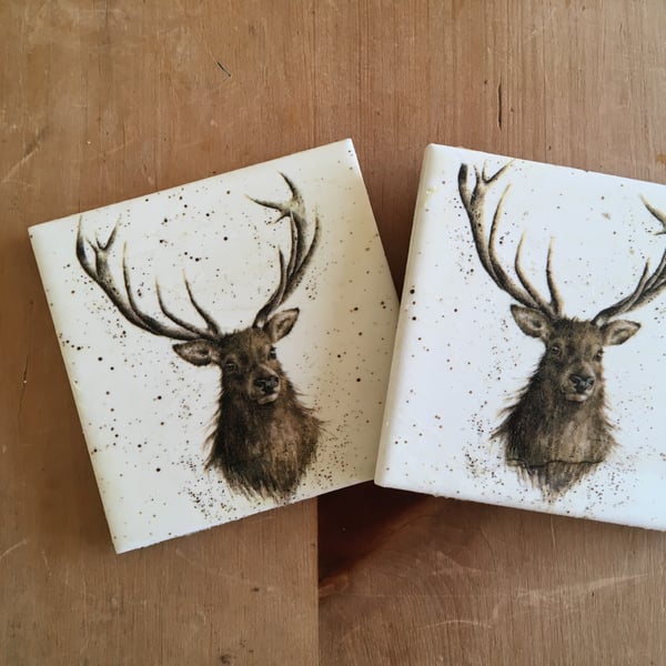 Set of Two Stag Natural Stone Coasters