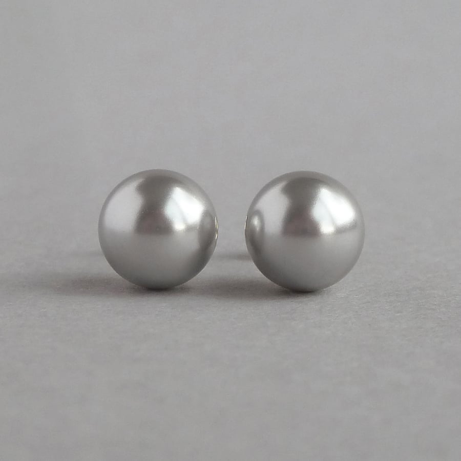 8mm Silver Grey Glass Pearl Stud Earrings - Simple Round Light Grey Studs -Gifts