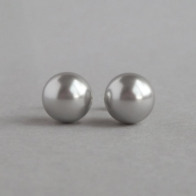 8mm Silver Grey Glass Pearl Stud Earrings - Simple Round Light Grey Studs -Gifts