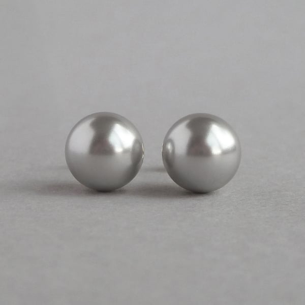 8mm Silver Grey Glass Pearl Stud Earrings - Simple Round Light Grey Studs -Gifts