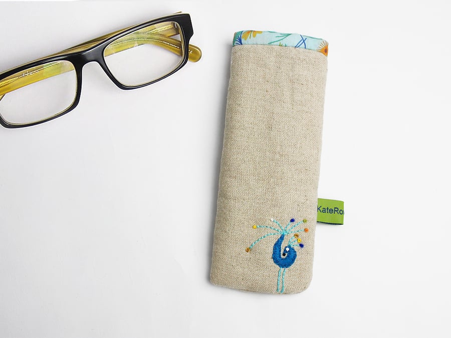 Oatmeal linen glasses case with small peacock logo