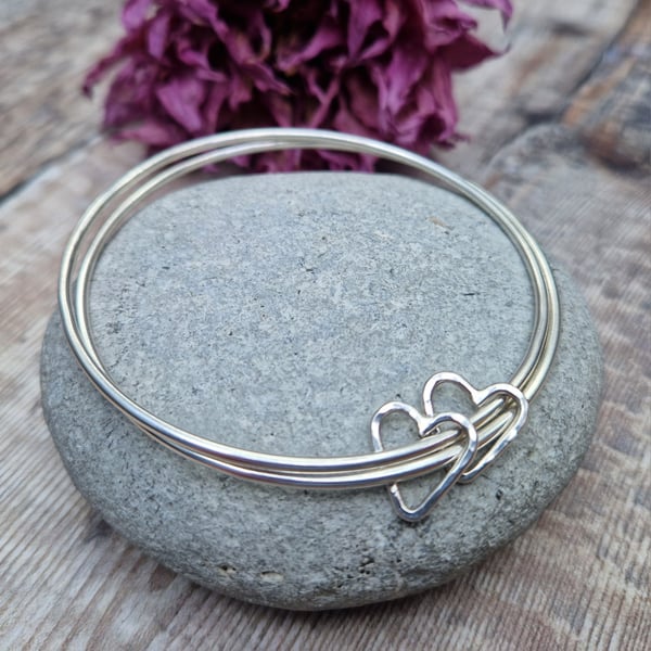 Sterling Silver Double Open Heart Charm Bangle