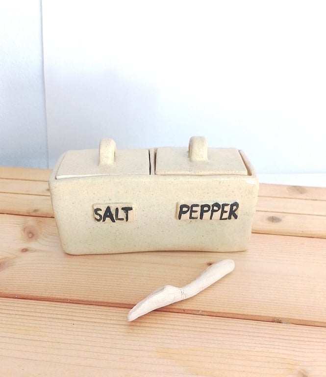 Ceramic hand made Salt and pepper box with lid, Pottery salt box with lid