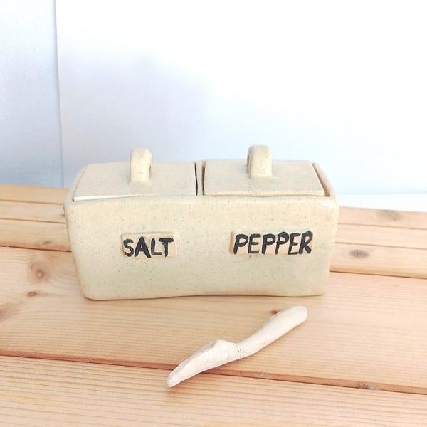 Ceramic hand made Salt and pepper box with lid, Pottery salt box with lid