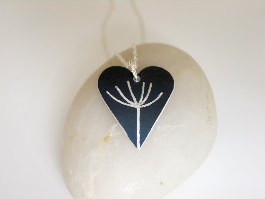 Dandelion seed heart pendant necklace in black
