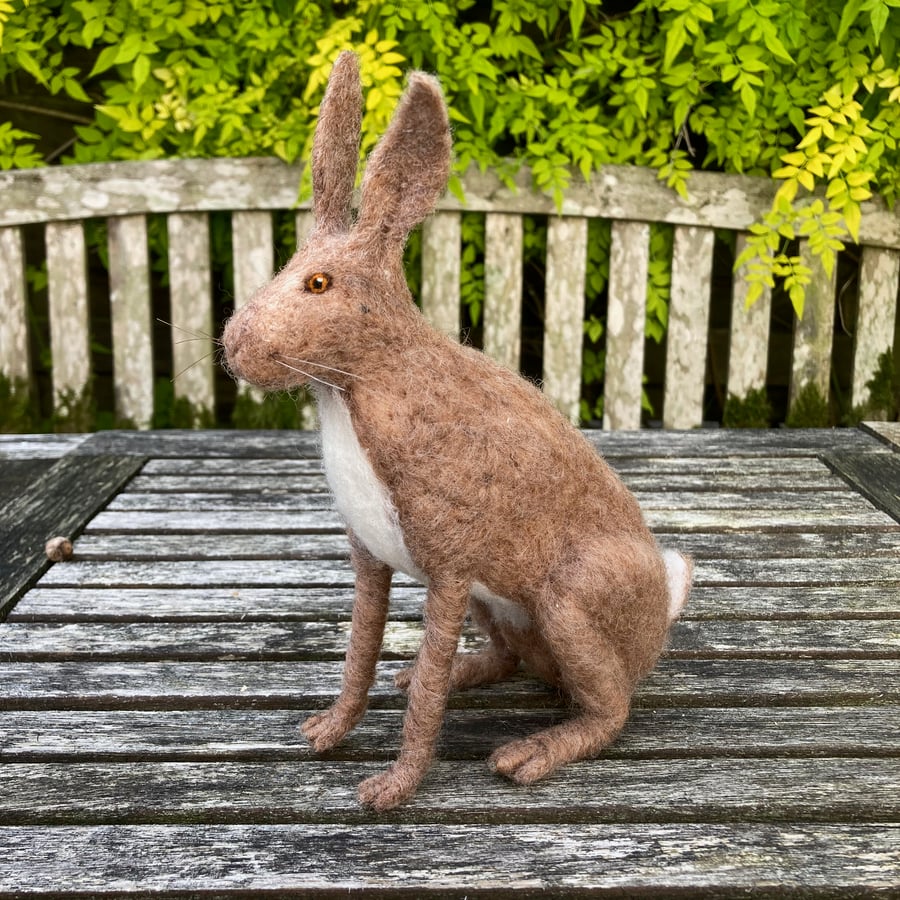 Woollen sculpture, needle felted brown hare