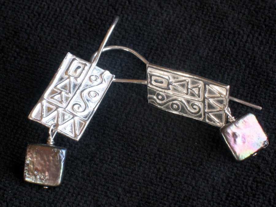 Klimt inspired pure silver earrings with peacock pearl