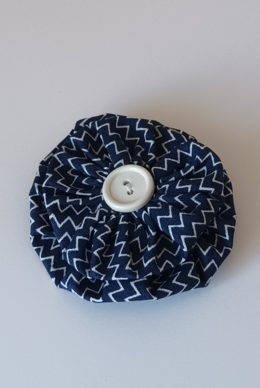 Hand Sewn Fabric Button Brooch - Navy Blue and White