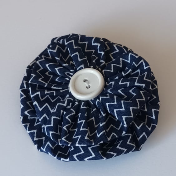 Hand Sewn Fabric Button Brooch - Navy Blue and White