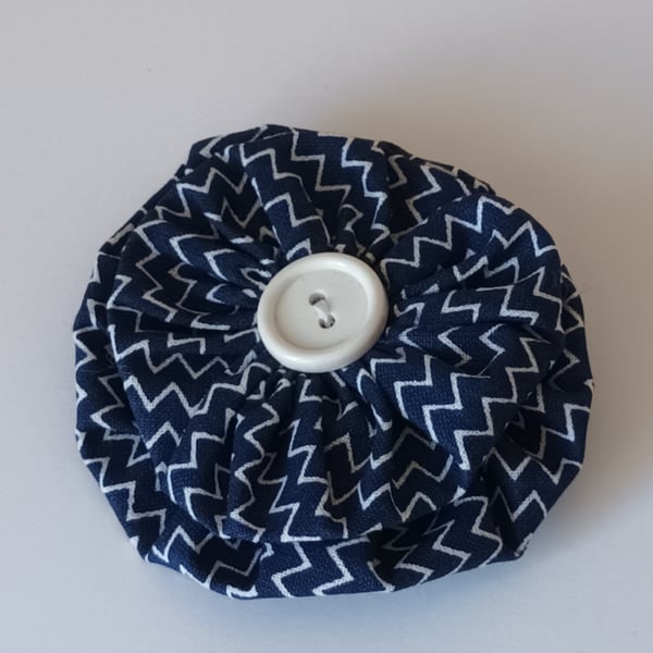 Hand Sewn Fabric Button Brooch - Navy Blue and White