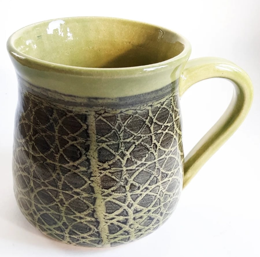 Large Patterned Green Mug - Hand Thrown Stoneware Ceramic Mug