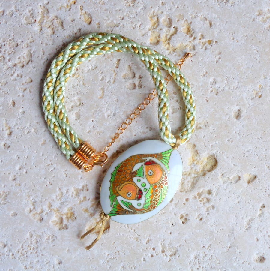 Kumihimo braid with matching enamel Pisces fishes pendant