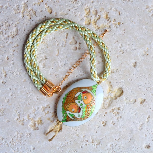 Kumihimo braid with matching enamel Pisces fishes pendant