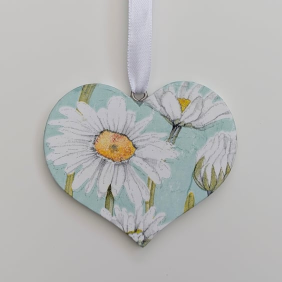 Daisies wooden hanging heart decoration, pretty gift for her