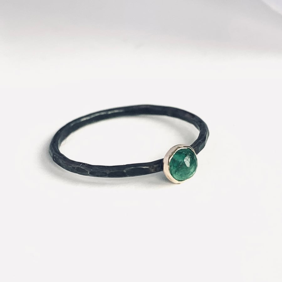 Natural Emerald Sterling Silver and Gold Ring, Handmade Urban Design