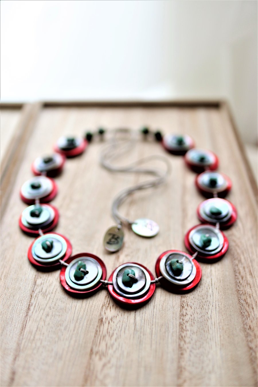 Bright and Bold - Red Colour Shell Button and Turquoise Bead Adjustable Necklace