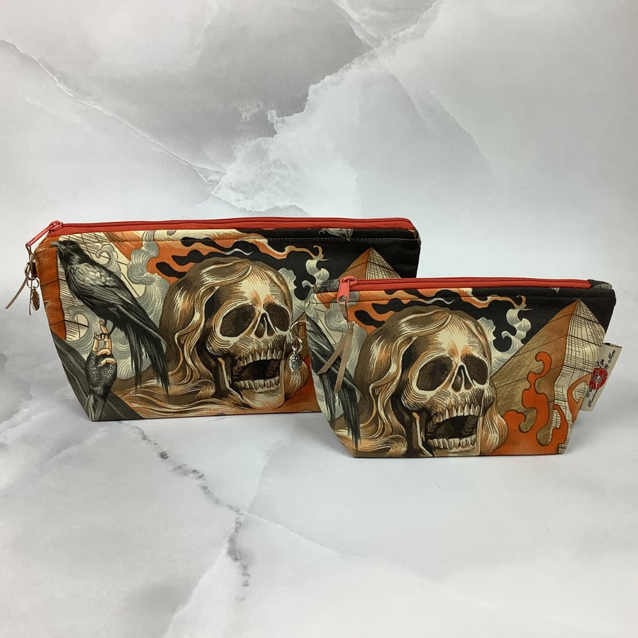 Gothic makeup bag, Skulls zip bag, 2 size options, Handmade