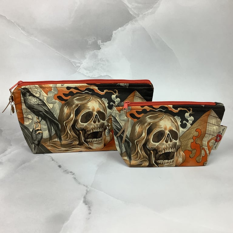 Gothic makeup bag, Skulls zip bag, 2 size options, Handmade