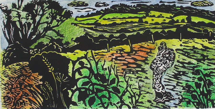 Rollright Stones (The King Stone) - Original Linocut Coloured by Hand Ltd Edit.