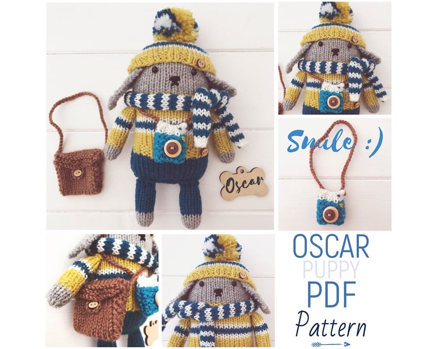 Digital Knitting Pattern for Toy Mini Puppy Dog 'Oscar' & Accessories 