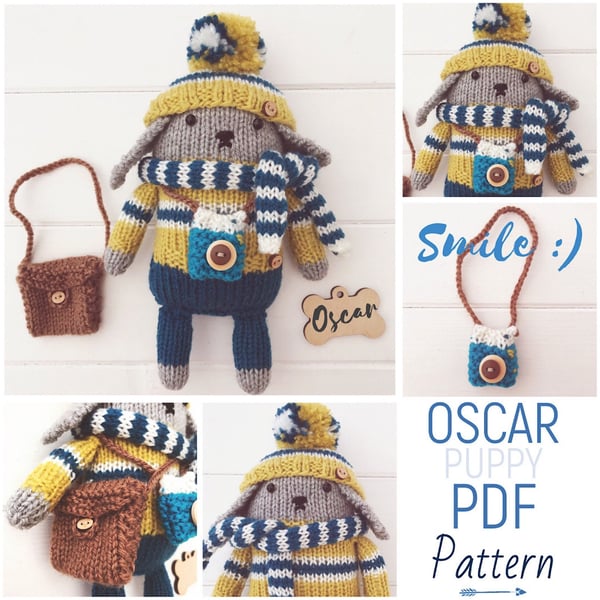 Digital Knitting Pattern for Toy Mini Puppy Dog 'Oscar' & Accessories 