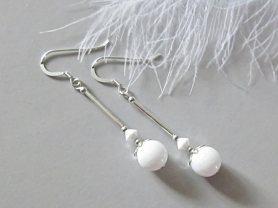 Bright White Agate Earrings With Sterling Silver Tubes & Premium White Crystals