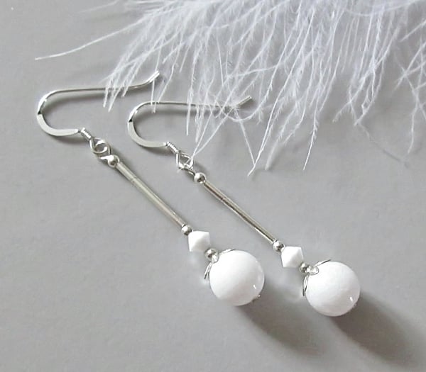 Bright White Agate Earrings With Sterling Silver Tubes & White Austrian Crystals