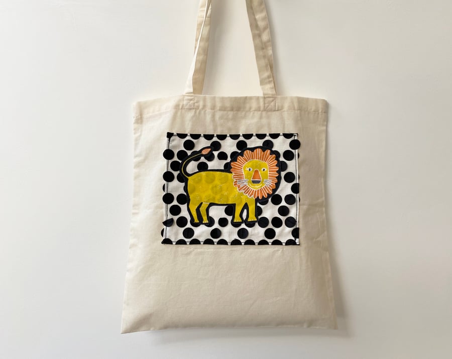 Up-cycled Lion decorated long handled tote bag. 