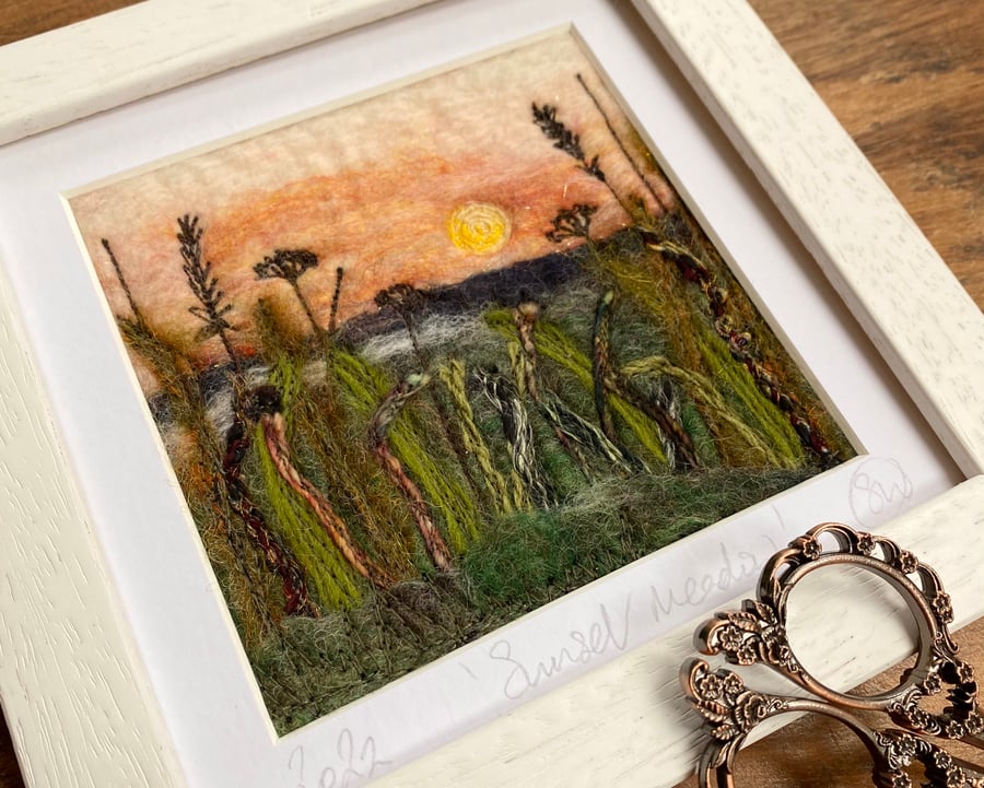 Embroidered sunset hedgerow landscape wet felting.