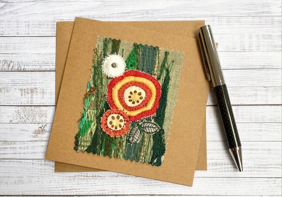 Embroidered flower garden card. 